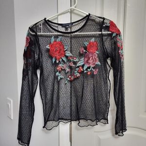 American Eagle Outfitters Sheer Mesh Polka Dot Rose Floral Embroidery Top M